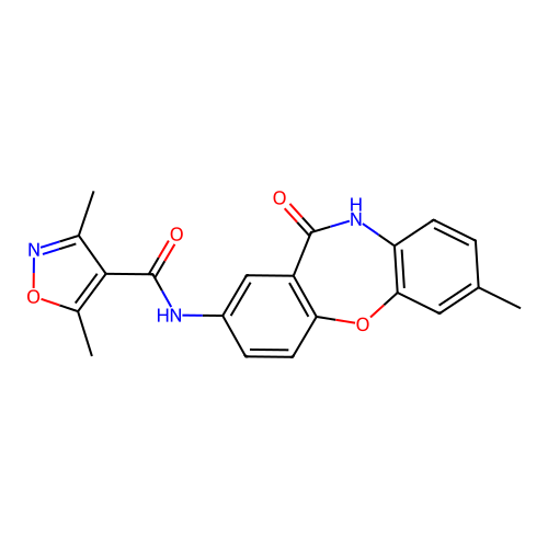 3,5-dimethyl-N-(7-methyl-11-oxo-10,11-dihydrodibenzo[b,f][1,4]oxazepin-2-yl)-4-isoxazolecarboxamide structure