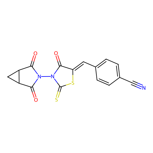 4-[[3-(2,4-dioxo-3-azabicyclo[3.1.0]hexan-3-yl)-4-oxo-2-sulfanylidene-1,3-thiazolidin-5-ylidene]methyl]benzonitrile structure