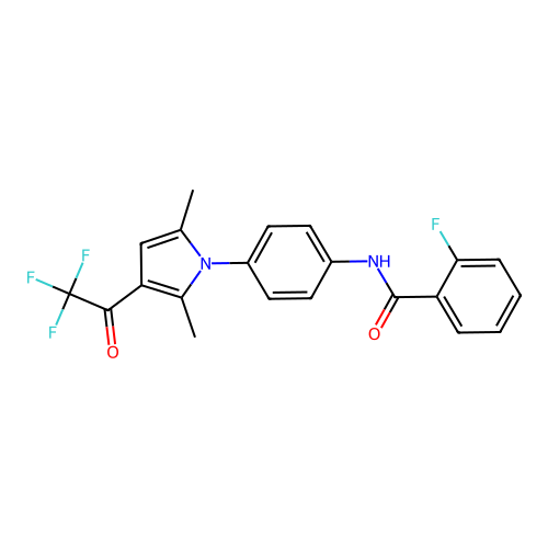 N-{4-[2,5-dimethyl-3-(2,2,2-trifluoroacetyl)-1H-pyrrol-1-yl]phenyl}-2-fluorobenzenecarboxamide structure
