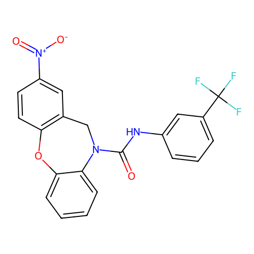 2-nitro-N-[3-(trifluoromethyl)phenyl]dibenzo[b,f][1,4]oxazepine-10(11H)-carboxamide structure