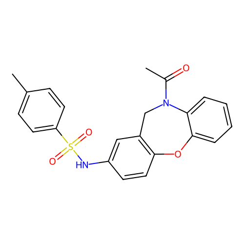 N-(10-acetyl-10,11-dihydrodibenzo[b,f][1,4]oxazepin-2-yl)-4-methylbenzenesulfonamide structure