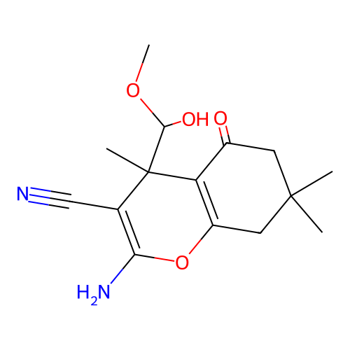 2-amino-4-[hydroxy(methoxy)methyl]-4,7,7-trimethyl-5-oxo-5,6,7,8-tetrahydro-4H-chromene-3-carbonitrile structure