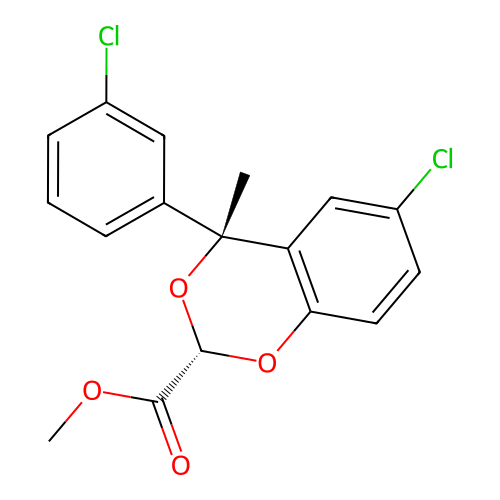 1,3-Benzodioxan-2-carboxylic acid, 6-chloro-4-(m-chlorophenyl)-4-methyl-, methyl ester, (E)- structure