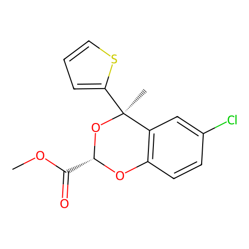 1,3-Benzodioxan-2-carboxylic acid, 6-chloro-4-methyl-4-(2-thienyl)-, methyl ester, (E)- structure