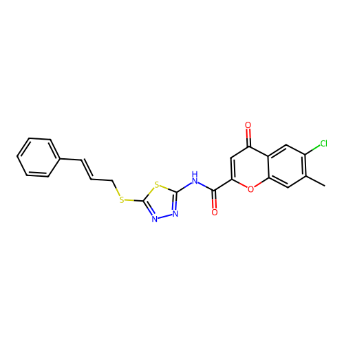 6-chloro-7-methyl-4-oxo-N-(5-{[(2E)-3-phenylprop-2-en-1-yl]sulfanyl}-1,3,4-thiadiazol-2-yl)-4H-chromene-2-carboxamide structure