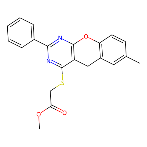 Methyl 2-({7-methyl-2-phenyl-5H-chromeno[2,3-D]pyrimidin-4-YL}sulfanyl)acetate structure