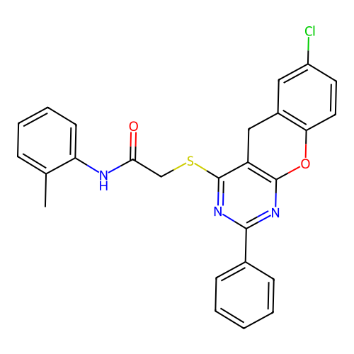 2-({7-CHLORO-2-PHENYL-5H-CHROMENO[2,3-D]PYRIMIDIN-4-YL}SULFANYL)-N-(2-METHYLPHENYL)ACETAMIDE structure