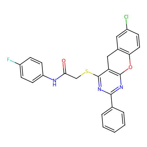 2-({7-CHLORO-2-PHENYL-5H-CHROMENO[2,3-D]PYRIMIDIN-4-YL}SULFANYL)-N-(4-FLUOROPHENYL)ACETAMIDE structure