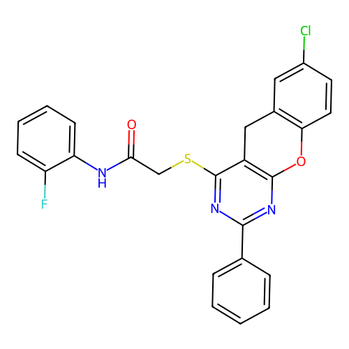 2-({7-CHLORO-2-PHENYL-5H-CHROMENO[2,3-D]PYRIMIDIN-4-YL}SULFANYL)-N-(2-FLUOROPHENYL)ACETAMIDE structure