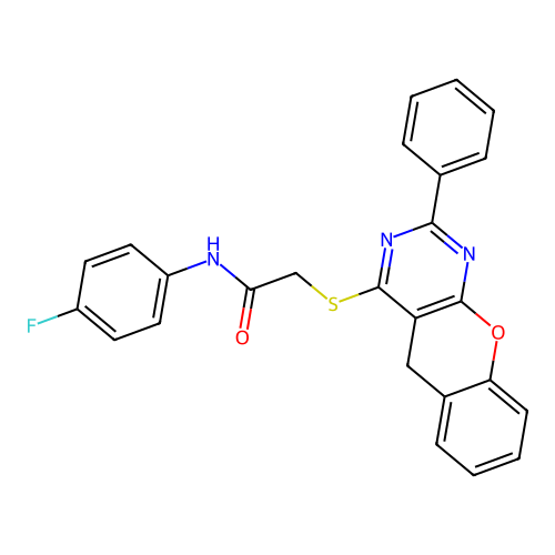 N-(4-FLUOROPHENYL)-2-({2-PHENYL-5H-CHROMENO[2,3-D]PYRIMIDIN-4-YL}SULFANYL)ACETAMIDE structure