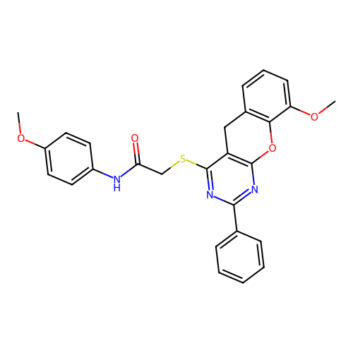 2-({9-METHOXY-2-PHENYL-5H-CHROMENO[2,3-D]PYRIMIDIN-4-YL}SULFANYL)-N-(4-METHOXYPHENYL)ACETAMIDE structure