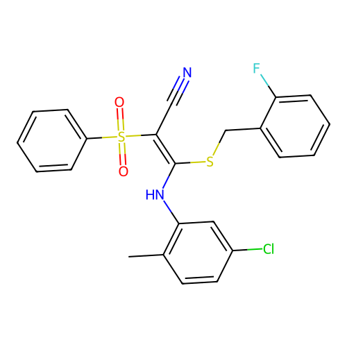 (2E)-2-(BENZENESULFONYL)-3-[(5-CHLORO-2-METHYLPHENYL)AMINO]-3-{[(2-FLUOROPHENYL)METHYL]SULFANYL}PROP-2-ENENITRILE structure