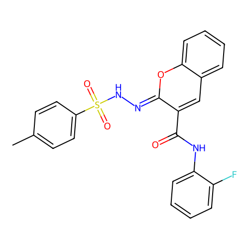 (Z)-N-(2-fluorophenyl)-2-(2-tosylhydrazono)-2H-chromene-3-carboxamide structure