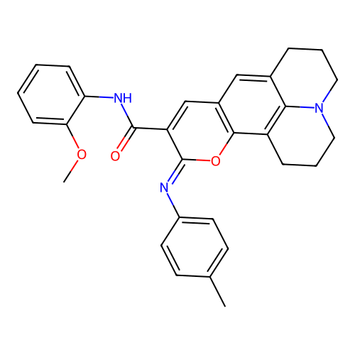 (11Z)-N-(2-methoxyphenyl)-11-[(4-methylphenyl)imino]-2,3,6,7-tetrahydro-1H,5H,11H-pyrano[2,3-f]pyrido[3,2,1-ij]quinoline-10-carboxamide structure