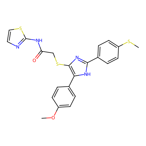2-[[5-(4-methoxyphenyl)-2-(4-methylsulfanylphenyl)-1H-imidazol-4-yl]sulfanyl]-N-(1,3-thiazol-2-yl)acetamide structure