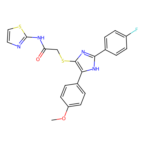 2-{[2-(4-fluorophenyl)-5-(4-methoxyphenyl)-1H-imidazol-4-yl]sulfanyl}-N-(1,3-thiazol-2-yl)acetamide structure