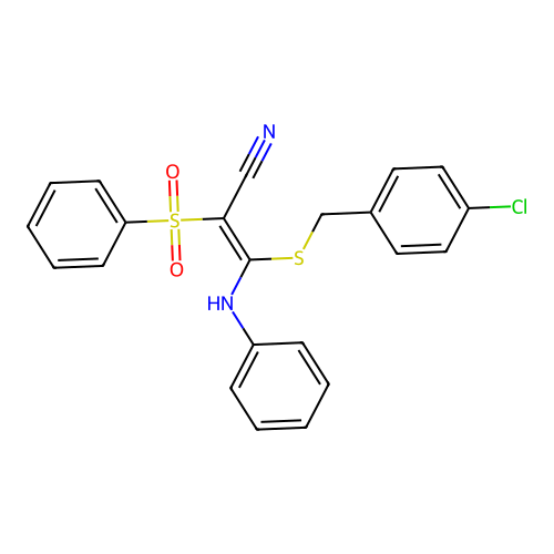 (E)-3-((4-chlorobenzyl)thio)-3-(phenylamino)-2-(phenylsulfonyl)acrylonitrile structure