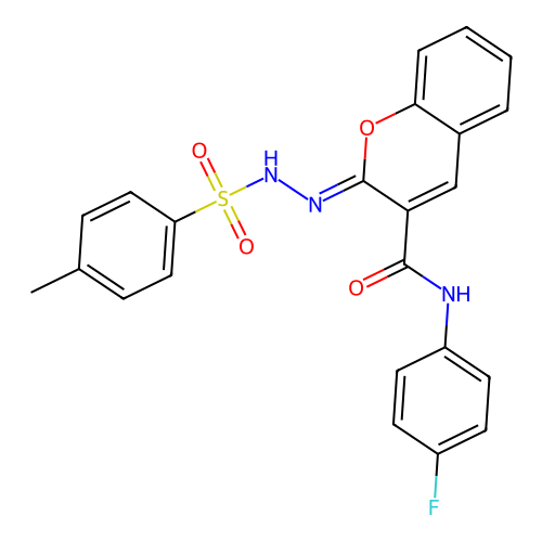 (Z)-N-(4-fluorophenyl)-2-(2-tosylhydrazono)-2H-chromene-3-carboxamide structure