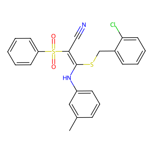 (E)-3-((2-chlorobenzyl)thio)-2-(phenylsulfonyl)-3-(m-tolylamino)acrylonitrile structure