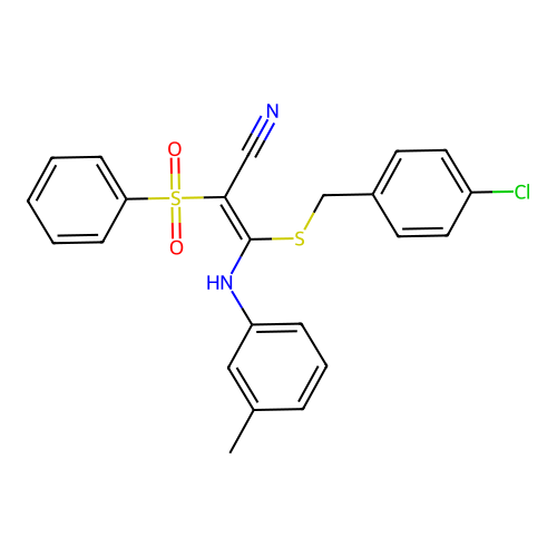 (E)-3-((4-chlorobenzyl)thio)-2-(phenylsulfonyl)-3-(m-tolylamino)acrylonitrile structure