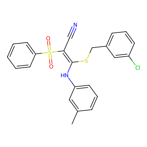 (E)-3-((3-chlorobenzyl)thio)-2-(phenylsulfonyl)-3-(m-tolylamino)acrylonitrile structure