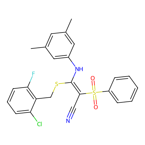 (2E)-2-(BENZENESULFONYL)-3-{[(2-CHLORO-6-FLUOROPHENYL)METHYL]SULFANYL}-3-[(3,5-DIMETHYLPHENYL)AMINO]PROP-2-ENENITRILE structure
