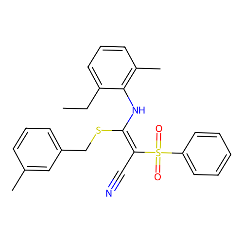 (2E)-2-(BENZENESULFONYL)-3-[(2-ETHYL-6-METHYLPHENYL)AMINO]-3-{[(3-METHYLPHENYL)METHYL]SULFANYL}PROP-2-ENENITRILE structure