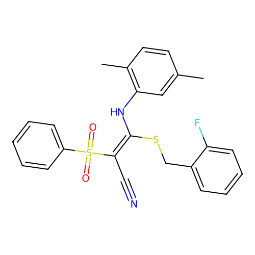 (2E)-2-(BENZENESULFONYL)-3-[(2,5-DIMETHYLPHENYL)AMINO]-3-{[(2-FLUOROPHENYL)METHYL]SULFANYL}PROP-2-ENENITRILE structure