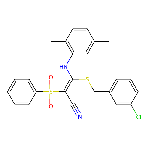 (2E)-2-(BENZENESULFONYL)-3-{[(3-CHLOROPHENYL)METHYL]SULFANYL}-3-[(2,5-DIMETHYLPHENYL)AMINO]PROP-2-ENENITRILE structure