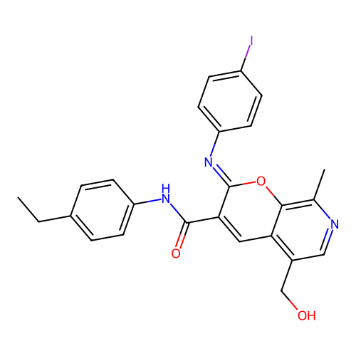 (2Z)-N-(4-ethylphenyl)-5-(hydroxymethyl)-2-[(4-iodophenyl)imino]-8-methyl-2H-pyrano[2,3-c]pyridine-3-carboxamide structure
