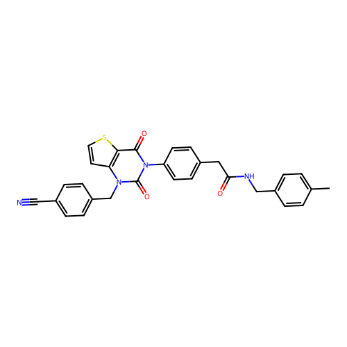 2-(4-{1-[(4-cyanophenyl)methyl]-2,4-dioxo-1H,2H,3H,4H-thieno[3,2-d]pyrimidin-3-yl}phenyl)-N-[(4-methylphenyl)methyl]acetamide structure
