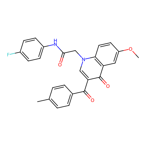 N-(4-fluorophenyl)-2-[6-methoxy-3-(4-methylbenzoyl)-4-oxoquinolin-1-yl]acetamide structure