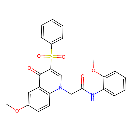 2-[3-(benzenesulfonyl)-6-methoxy-4-oxo-1,4-dihydroquinolin-1-yl]-N-(2-methoxyphenyl)acetamide structure