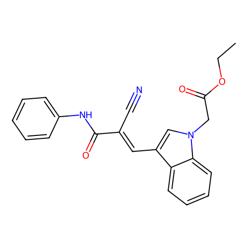 ethyl {3-[(1E)-2-cyano-3-oxo-3-(phenylamino)prop-1-en-1-yl]-1H-indol-1-yl}acetate structure