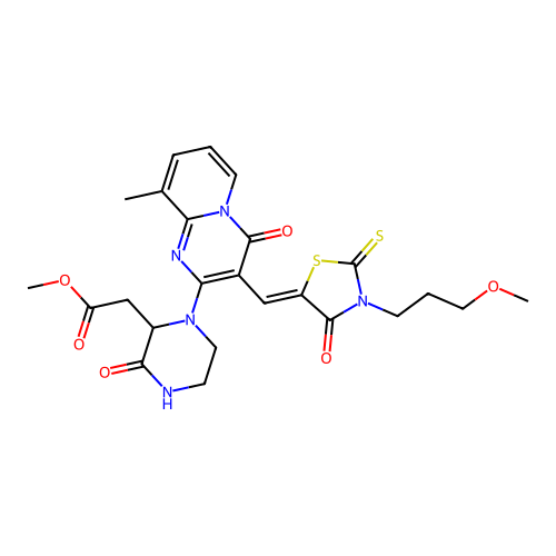 (Z)-methyl 2-(1-(3-((3-(3-methoxypropyl)-4-oxo-2-thioxothiazolidin-5-ylidene)methyl)-9-methyl-4-oxo-4H-pyrido[1,2-a]pyrimidin-2-yl)-3-oxopiperazin-2-yl)acetate structure
