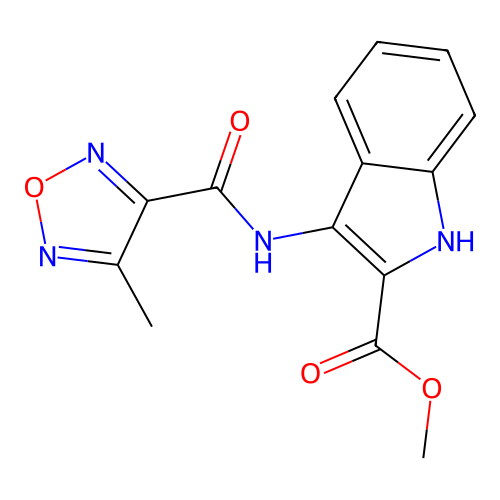 methyl 3-(4-methyl-1,2,5-oxadiazole-3-carboxamido)-1H-indole-2-carboxylate structure