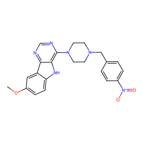 8-methoxy-4-(4-(4-nitrobenzyl)piperazin-1-yl)-5H-pyrimido[5,4-b]indole structure