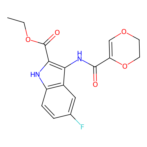 ethyl 3-(2,3-dihydro-1,4-dioxine-5-carbonylamino)-5-fluoro-1H-indole-2-carboxylate structure