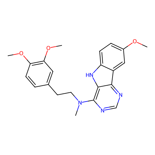 N-[2-(3,4-dimethoxyphenyl)ethyl]-8-methoxy-N-methyl-5H-pyrimido[5,4-b]indol-4-amine structure
