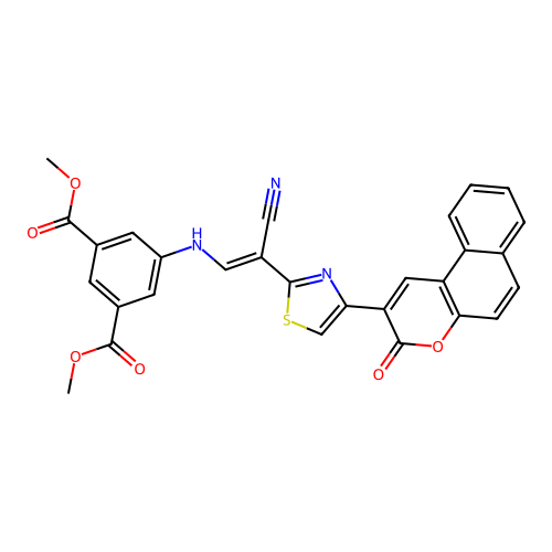 (E)-dimethyl 5-((2-cyano-2-(4-(3-oxo-3H-benzo[f]chromen-2-yl)thiazol-2-yl)vinyl)amino)isophthalate structure