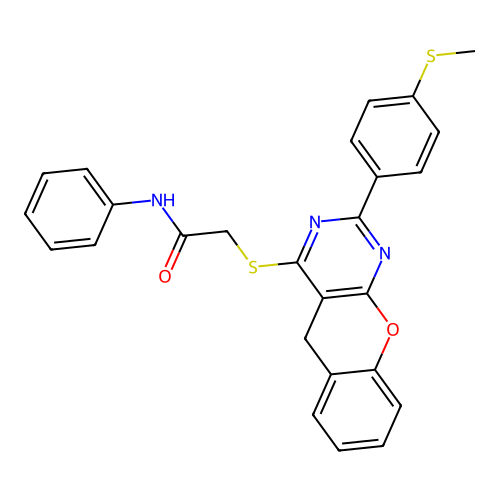 2-({2-[4-(methylsulfanyl)phenyl]-5H-chromeno[2,3-d]pyrimidin-4-yl}sulfanyl)-N-phenylacetamide structure