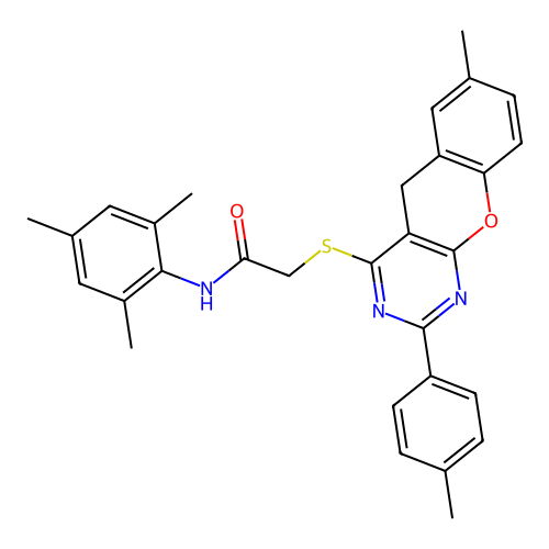 2-{[7-methyl-2-(4-methylphenyl)-5H-chromeno[2,3-d]pyrimidin-4-yl]sulfanyl}-N-(2,4,6-trimethylphenyl)acetamide structure