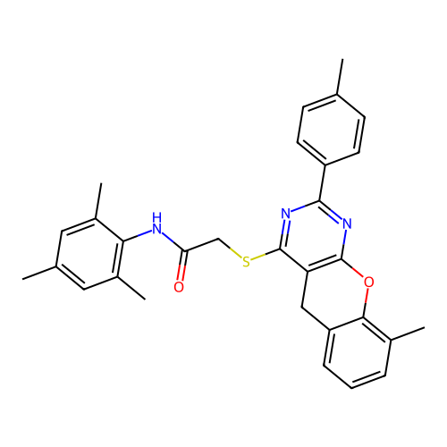 2-{[9-methyl-2-(4-methylphenyl)-5H-chromeno[2,3-d]pyrimidin-4-yl]sulfanyl}-N-(2,4,6-trimethylphenyl)acetamide structure