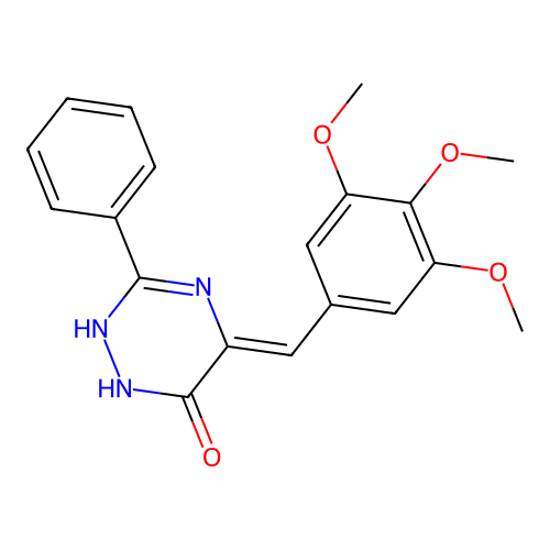 (5Z)-3-phenyl-5-[(3,4,5-trimethoxyphenyl)methylidene]-1,2-dihydro-1,2,4-triazin-6-one structure