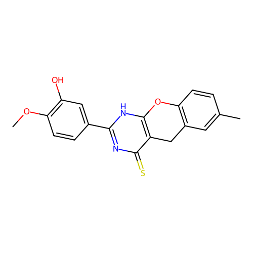 2-(3-hydroxy-4-methoxyphenyl)-7-methyl-1,5-dihydrochromeno[2,3-d]pyrimidine-4-thione structure