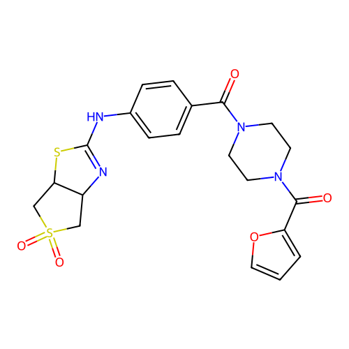 (4-(4-((5,5-dioxido-3a,4,6,6a-tetrahydrothieno[3,4-d]thiazol-2-yl)amino)benzoyl)piperazin-1-yl)(furan-2-yl)methanone structure