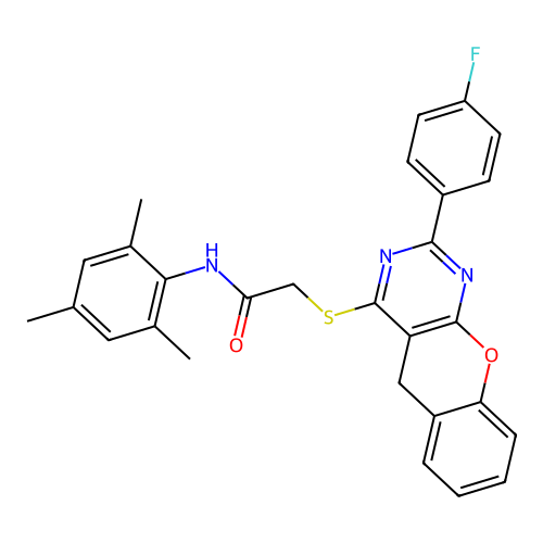 2-{[2-(4-FLUOROPHENYL)-5H-CHROMENO[2,3-D]PYRIMIDIN-4-YL]SULFANYL}-N-(2,4,6-TRIMETHYLPHENYL)ACETAMIDE structure