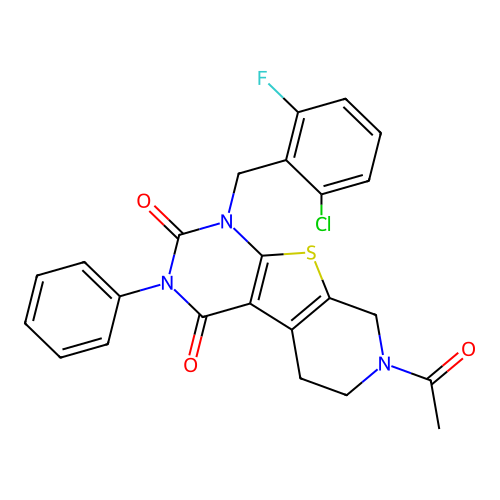 7-acetyl-1-(2-chloro-6-fluorobenzyl)-3-phenyl-5,6,7,8-tetrahydropyrido[4',3':4,5]thieno[2,3-d]pyrimidine-2,4(1H,3H)-dione structure