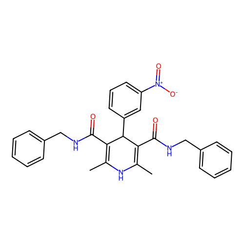 3-N,5-N-dibenzyl-2,6-dimethyl-4-(3-nitrophenyl)-1,4-dihydropyridine-3,5-dicarboxamide structure