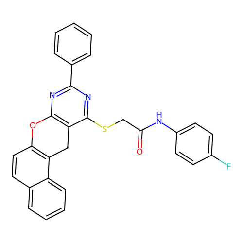 N-(4-FLUOROPHENYL)-2-[(2-PHENYL-5H-12-OXA-1,3-DIAZATETRAPHEN-4-YL)SULFANYL]ACETAMIDE structure